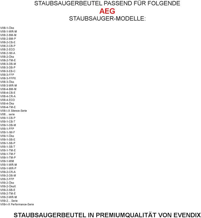 Nährwerte und Zutaten eVendix Staubsaugerbeutel kompatibel mit AEG (30 Stück) (30 x)