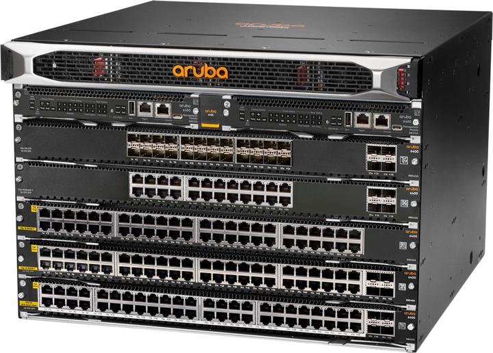 Actual product image HPE E Aruba 6405 Switch, 2 Management Module Slots, 5 Line Module Slots, 4 Power Supply Slots, 2 Fan T
