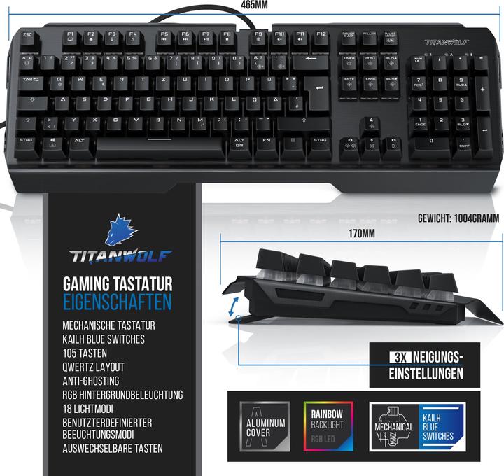Produktbild Titanwolf Tastatur, Maus- und Mauspad Spar Set, Mechanisches Keyboard, Mouse & Mausmatte Gaming Bundle (DE, Kabelgebunden)