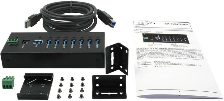 Produktbild Exsys 7 Port USB 3.2 Gen 1 HUB Metall-Gehäuse, inkl. USB 3.0 Kabel, Din-Rail und Wandm (USB-B, 7 Ports)
