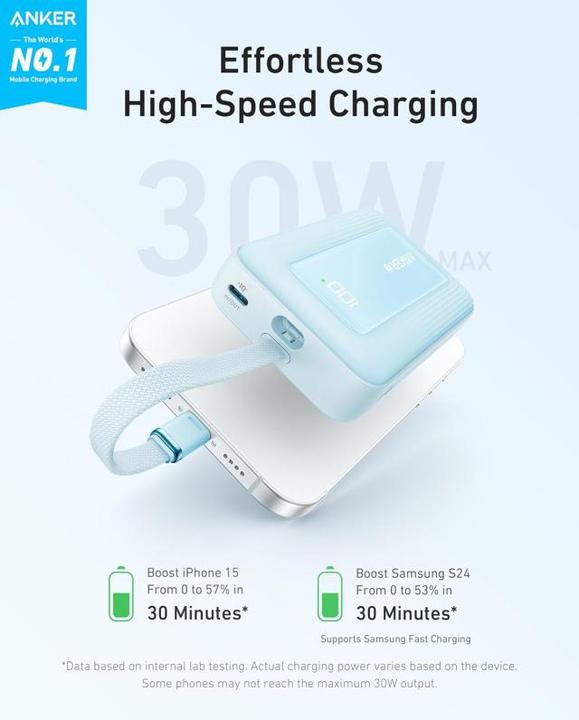 Image du produit Anker - Power Bank Zolo (A1688031) - Type-C, USB, 10000mAh, 30W, avec câble Type-C - Bleu clair (10000 mAh, 30 W)