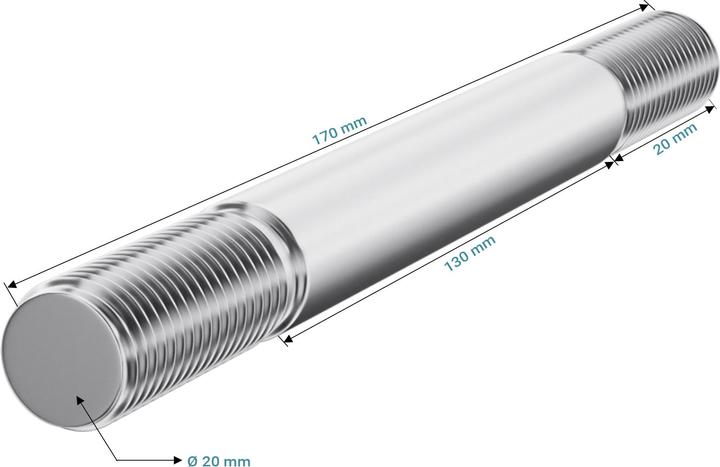 Image du produit Wiltec Axe de roue de Brouette standard Taille 170x20mm Pneu Largeur de moyeu 130mm Essieu