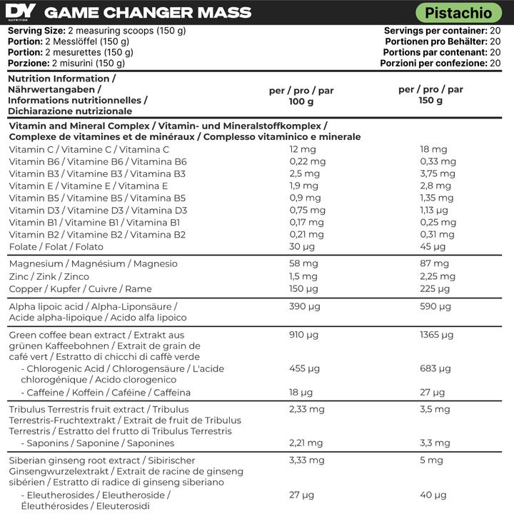 Valori nutrizionali e ingredienti DY Nutrition Cambiamento di massa (Pistacchio, 3000 g)