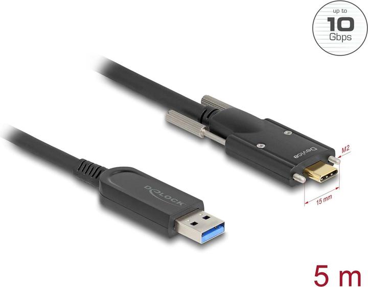 Actual product image Delock Active optical cable USB 10 Gbps Type-A plug to USB Type-C™ plug with screws on the side 5 m (5 m, USB 3.2 Gen 2)