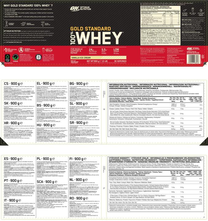 Valori nutrizionali e ingredienti Optimum Nutrition Gold Standard 100% Whey (Vaniglia, 1 pz., 4530 g)