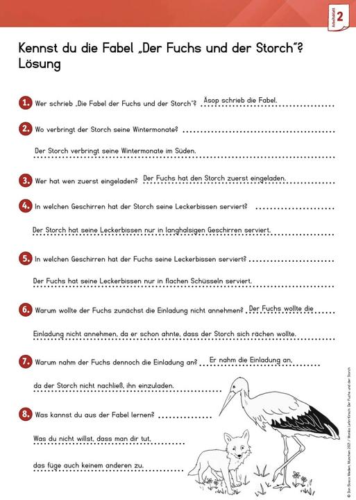 Immagine prodotto Arbeitsmaterial Grundschule. Fabeln für den Deutschunterricht: Der Fuchs und der Storch (Tedesco, Monika Lefin-Kirsch, 2021)