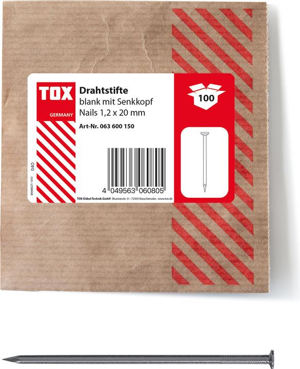 Immagine prodotto Tox Chiodi 1,2x20 (100 pz.) Chiodi con testa svasata liscia (100 Pezzo/i, 20 mm)
