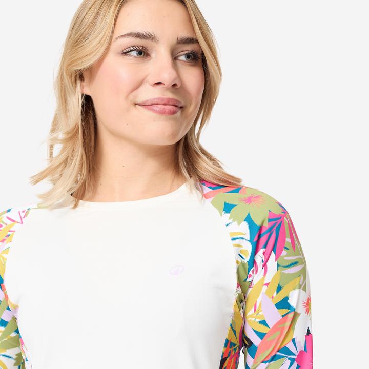 Olaian T-shirt anti uv manches longues surf Femme - Kanika blanc et fleuri