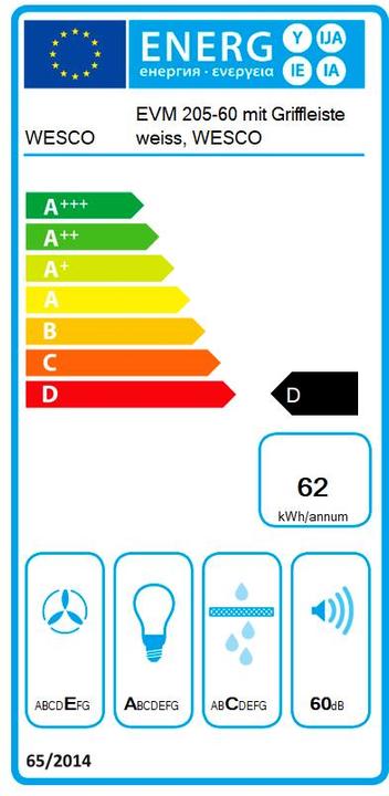Label énergétique Wesco Hotte encastrable EVM 205-60 poignée blanche (4010763)