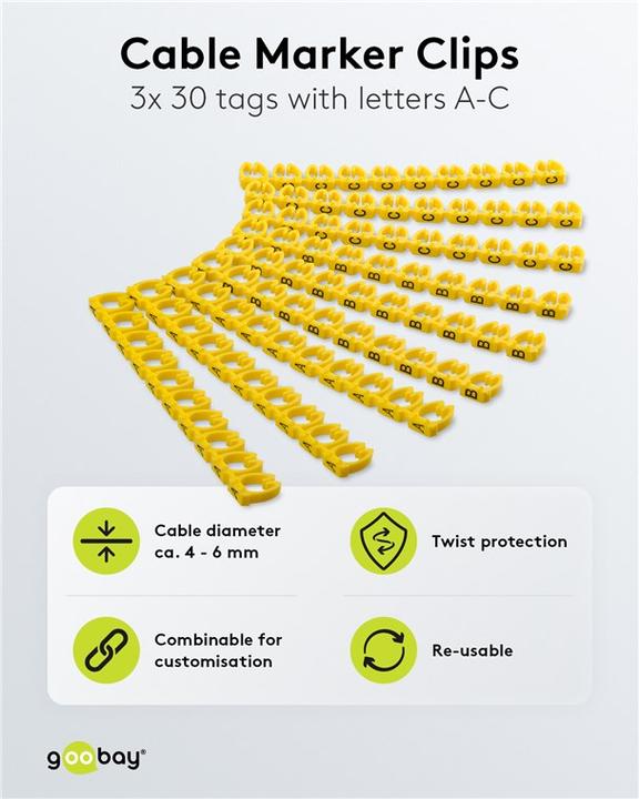 Produktbild Goobay Kabelmarker-Clips "Buchstaben A-C", für Kabeldurchmesser bis 6 mm, 6 mm