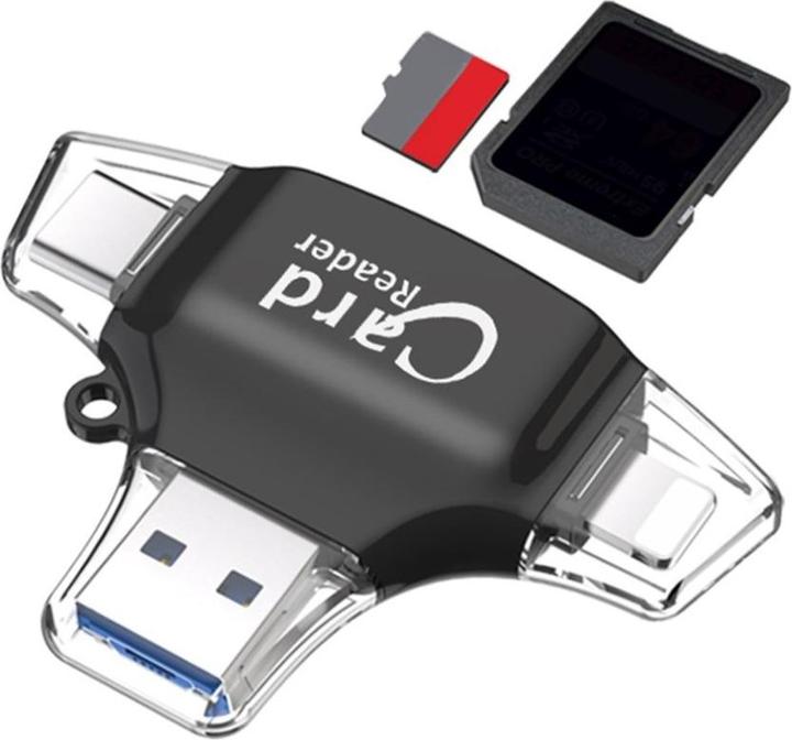 Actual product image Apfelkiste 4in1 mini card reader for SD/MicroSD - Lightning, USB C & Micro USB (Black)