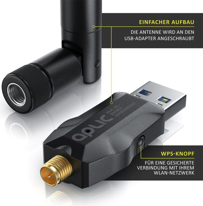 Actual product image Aplic WLAN stick, WIFI adapter 1200MBit/s, 2.4Ghz + 5Ghz dual band, 5 dBi external antenna, USB 3.2 dongle (USB-C 3.2 Gen 1)