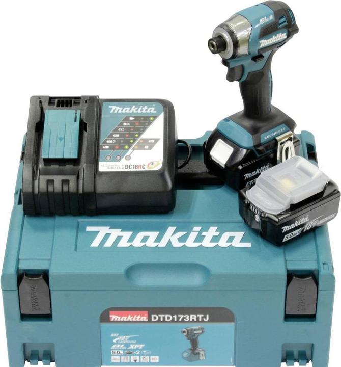 Actual product image Shots Makita DTD 173 RTJ Akku Schlagschrauber 18 V 180 Nm 1/4“ Brushless + 2x Akku 5,0 Ah + Ladegerät + (Rechargeable battery operated)