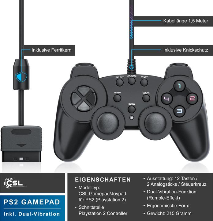 Produktbild CSL 2x PlayStation Controller, PS2 Gamepad mit Dual Vibration (Rumble Effekt), Präzision & Komfort (PS2)