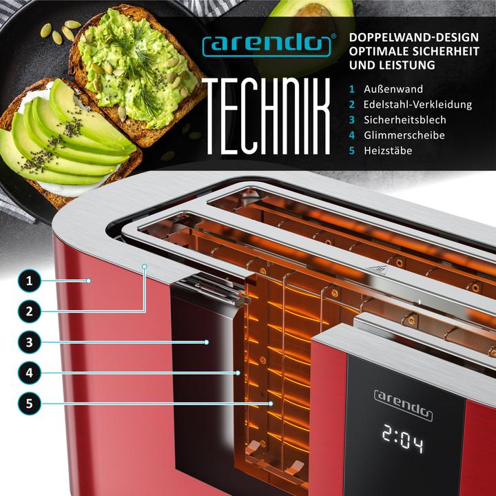 Produktbild Arendo Toaster Edelstahl 4 Scheiben Langschlitz, Bräunungsgrad & Restzeitanzeige, Touch Display, 1500 W