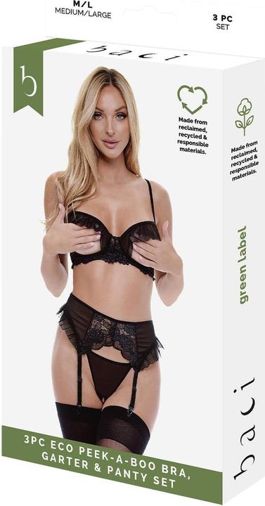Immagine prodotto Baci XGEN 3Pc Eco Peek-A-Boo Bra, Garter & Panty Set - Set di lingerie in pizzo nero - Taglia M/L (UK Si (M/L)