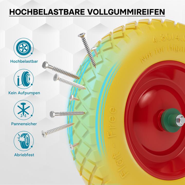 Image du produit Wiltec Roue – Pneu de brouette 4.8/ 4.00-8 avec Axe jaune Increvable Charge jusqu’à 160 kg
