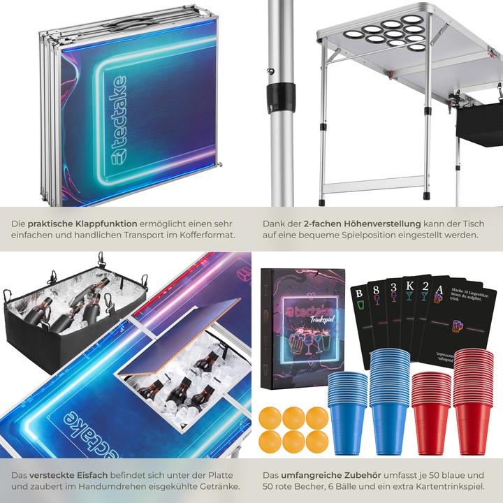 Produktbild tectake Bierpongtisch BeerWars II, mit Eisfach und LED-Beleuchtung
