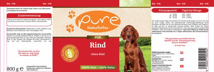Valeurs nutritives et ingrédients Pure Naturfutter Menu pour chien Boîte de viande PUR boeuf (Adulte, 1 pcs, 800 g)