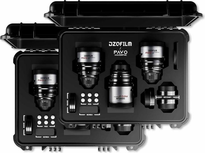 Immagine prodotto Dzofilm Kit di 6 lenti anamorfiche Pavo 2x (28/32/40/55/75/100mm T2.1/T2.4) per attacco PL/EF (S35) metriche (PL, C-mount, APS-C / DX)