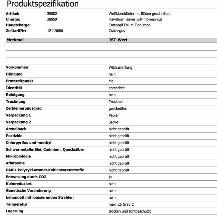 Nährwerte und Zutaten Zimmerli Adaptogene Weissdorn Tee (BIO) (100 g)