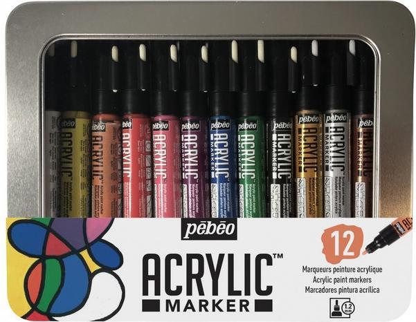 Produktbild Pebeo Metal Box Acrylic Marker - 12 Marker 1,2 Mm (Orange, Rosa, Violett, Weiss, Gelb, Cyan, Grün, Schwarz, Rot, 1.20 mm, 12 x)