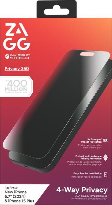 Actual product image Zagg InvisibleShield Glass Elite Privacy 360 Apple iPhone 16 Plus/15+ Screen (1 Piece, Apple iPhone 15, Apple iPhone 16)