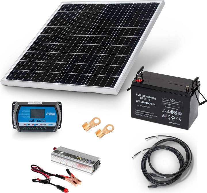 Immagine prodotto Autosolar Sistema solare starter pack Sistema solare da 100W con batteria AGM da 110Ah e inverter da 1500W (100 W)