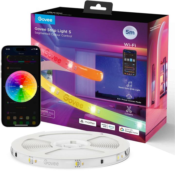 Productafbeelding Govee LED Stripe Light S, Wi-Fi / Bluetooth / Matter, 5 m, RGBIC (RGBIC, 500 cm, Interieur)