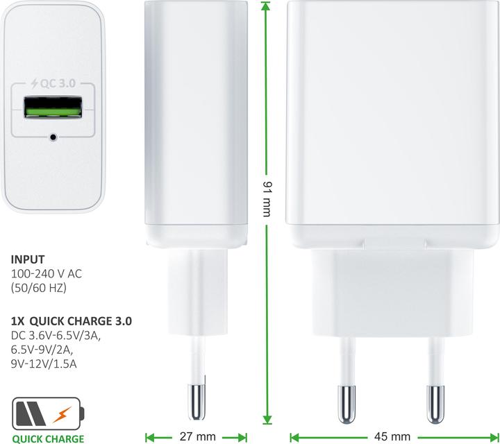 Image du produit Aplic Chargeur USB 3000 mA, alimentation avec fonction de charge rapide, Quick Charge 3.0, Smart Charge (18 W)