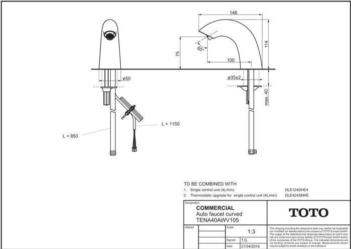 Actual product image TOTO Automatic tap spout curved, 100mm projection, 4 l/min chrome