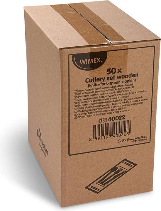 Immagine prodotto Wimex.eu Besteckset aus Holz Messer-Gabel-Löffel+Serviette - 50 Stück (50 x)