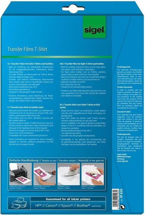 Actual product image Sigel InkJet transfer films for T-shirts (197 g/m², 3 x)