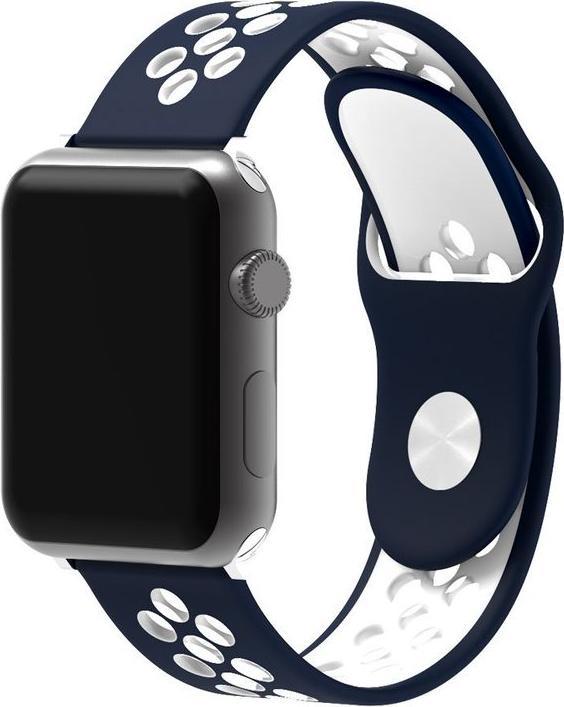 Produktbild Hermex Apple Watch 44mm / 42mm S / M Silikon Sport Armband Strap Soft BLAU WEISS (42 mm, 44 mm, Silikon, M)