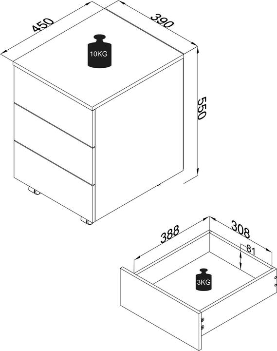 Produktbild VCM Rollcontainer Beistellcontainer Bürocontainer Rollen rollbar Dasola 3 Schublade (39 x 45 x 55 cm)
