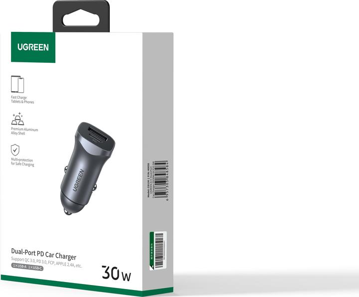 Actual product image Ugreen CD130 Car Charger, USB-A+PD 3.0, USB-C, QC3.0 30W (Grey)