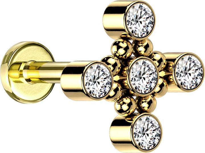 Image du produit Star Piercing Micro Labret Filetage interne doré Carré huit boules cinq cristaux argenté (sans laiton, Titane G23)