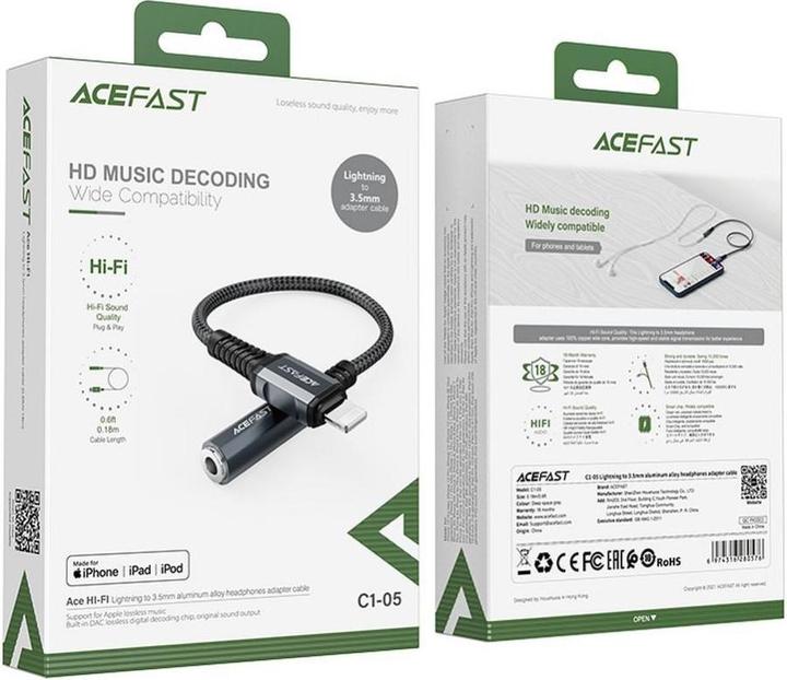 Image du produit Acefast Câble audio MFI Lightning - mini jack 3,5 mm (femelle) 18 cm, AUX gris (C1-05 gris foncé) (0.18 m)
