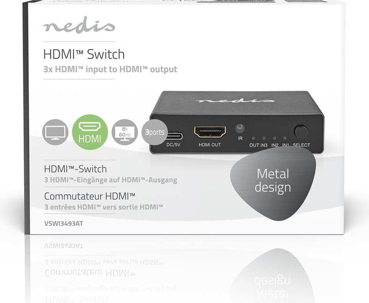 Produktbild Nedis HDMI ™ Schalter | 3-Port port(s) | 3x HDMI™ Eingang | HDMI™ Ausgang | 8K@60Hz | 45 Gbps | fern
