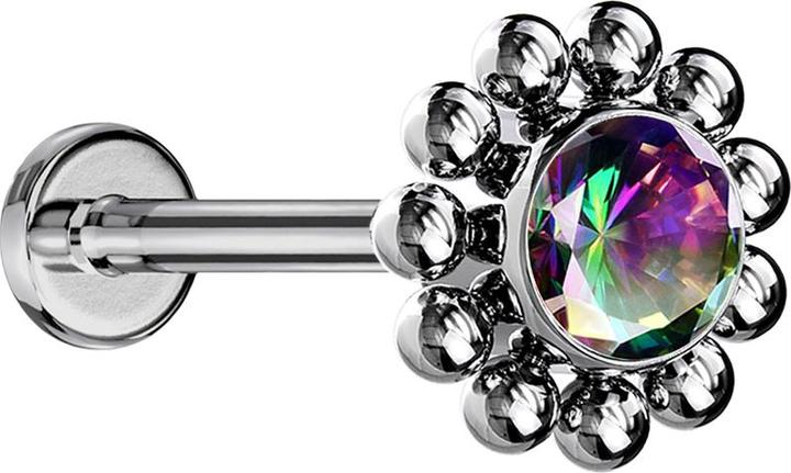 Star Piercing Micro Threadless Labret silber Kugelblume Kristall dunkel multicolor (Titan G23, ohne Messing)