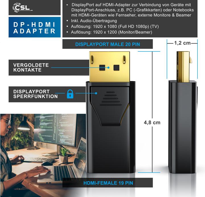 Produktbild CSL DisplayPort auf HDMI Adapter, Audio Video Adapter, DP Adapter mit Audioübertragung, Full HD 1080p (HDMI, 2.15 cm)