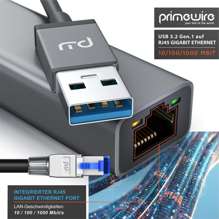 Actual product image Primewire Network adapter USB type A to RJ-45 Ethernet, USB 3.2 network adapter external with Gigabit RJ45 (USB-C 3.2 Gen 1, RJ45 (1x))