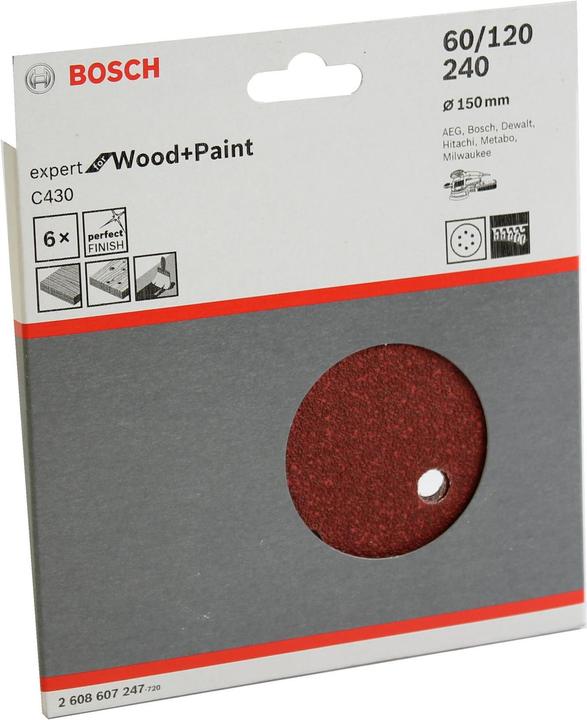 Actual product image Bosch Professional Zubehör Sanding sheet C430, 150 mm, 60, 120, 240, 6 holes, Velcro, pack of 6 (60, 120, 240)