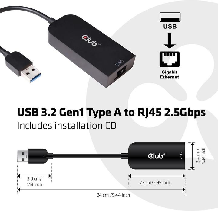 Produktbild Club 3D USB 3.2 Gen1 Typ A auf RJ45 (USB-C 3.2 Gen 1, RJ45 (1x))