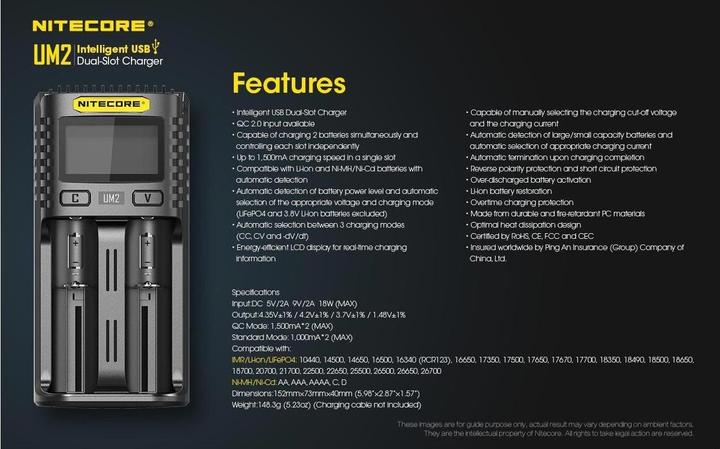 Immagine prodotto Nitecore Caricatore USB UM2 (1 pz., 14500, 16340, 18650, 26650, Caricabatterie senza batteria)