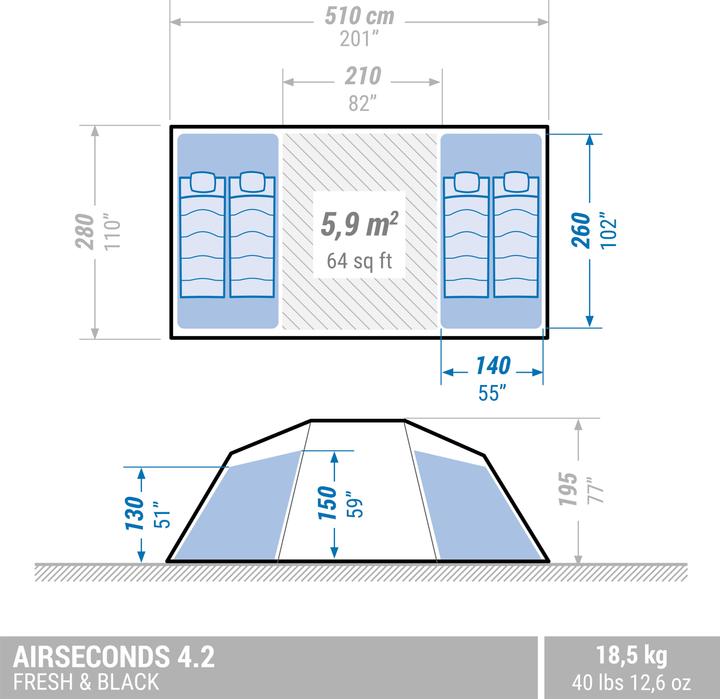 Image du produit Quechua Air Seconds Fam 4 2xl Fb (Tente gonflable, 18.50 kg, 4 personnes)