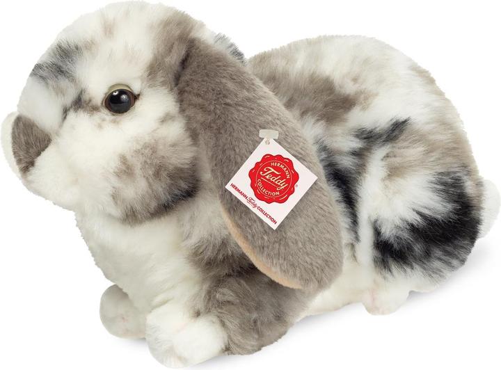 Teddy Hermann 937333 - Lapin bélier assis gris-blanc tacheté, peluche, 23 cm (12 cm)