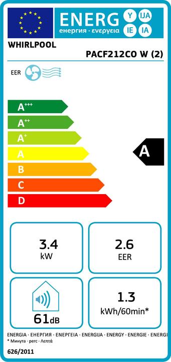 Energy Label Whirlpool PACF212COW (20 m², 12000 BTU/h)