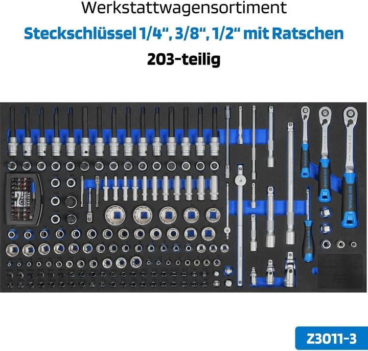 Actual product image SW-Stahl Z3209 Professional workshop trolley TT802 black I 8 drawers I 3 drawers filled I 304 parts (304 x)