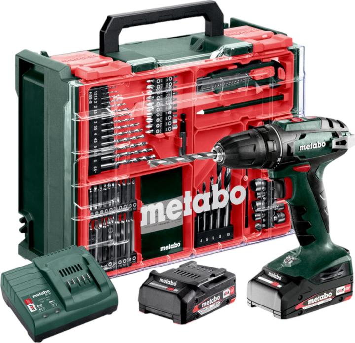 Schnellspannbohrfutter, Ladegerät SC 30, Kunststoffkoffer, Zubehör-Set, Gürtelhaken, 2 LiPOWER Akkupacks (18 V/2,0 Ah)